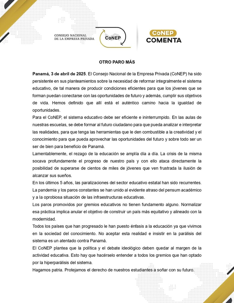 Conep: ‘los paros promovidos por gremios educativos no tienen fundamento alguno’