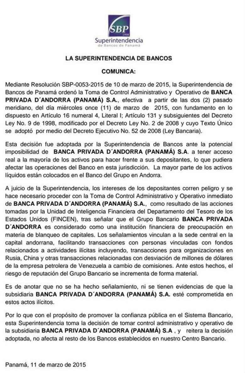 Superintendencia de Bancos de Panamá interviene oficina local de Banca Privada de Andorra BPA