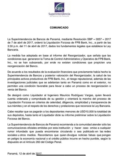 Superintendencia de Bancos de Panamá ordena la liquidación forzosa del FPB Bank, ligado a Odebrecht