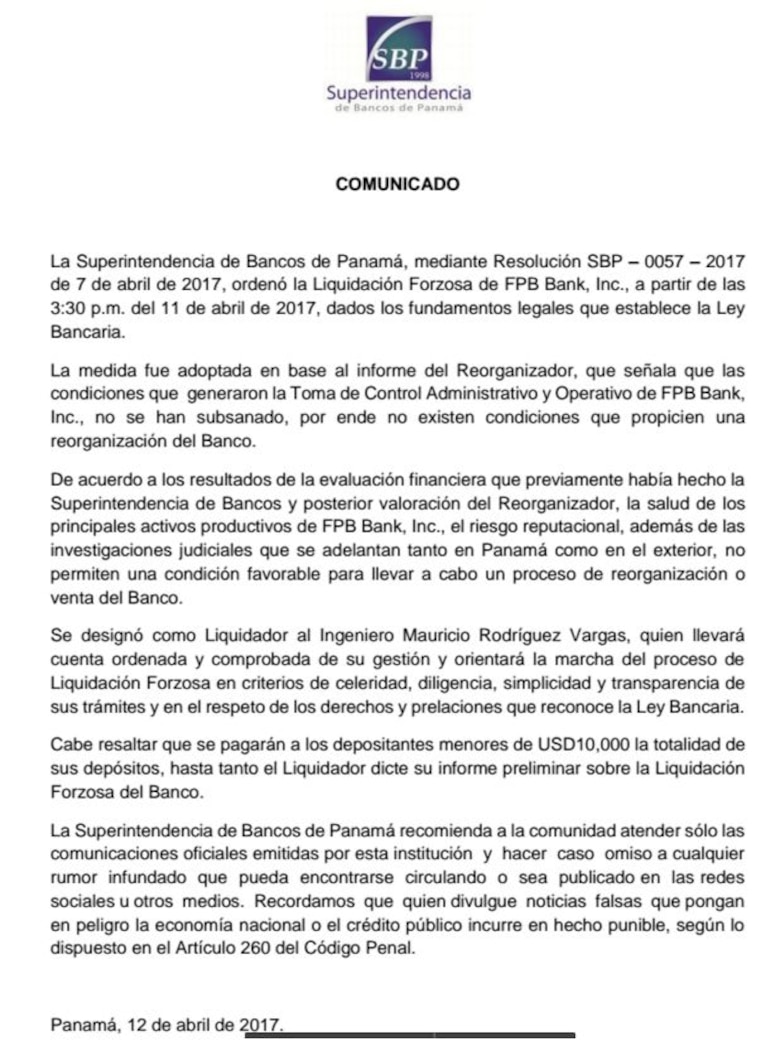 Superintendencia de Bancos de Panamá ordena la liquidación forzosa del FPB Bank, ligado a Odebrecht