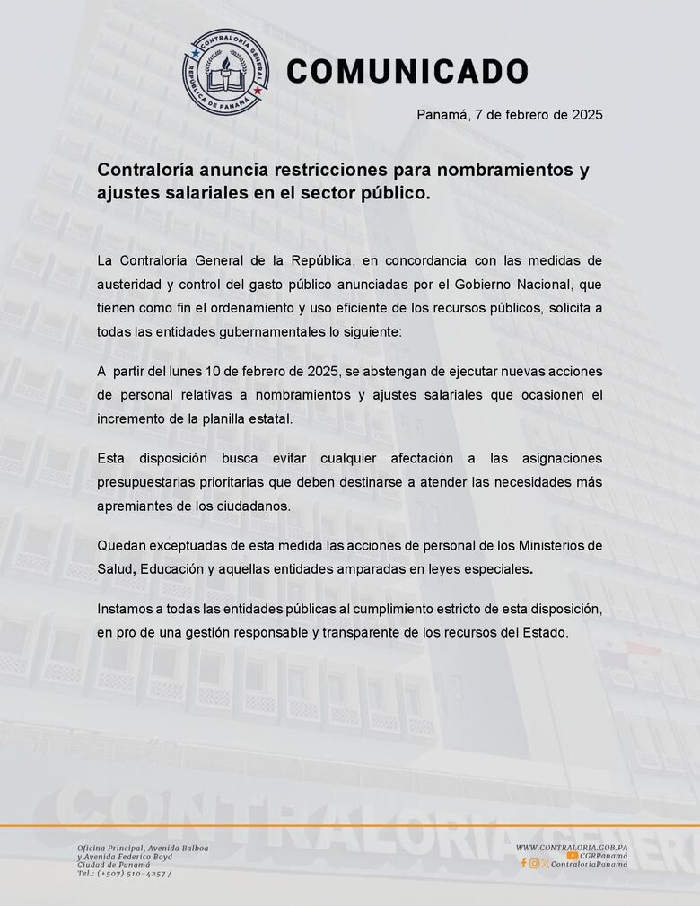 Contraloría pide suspender nombramientos y aumentos de salarios