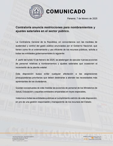 Contraloría pide suspender nombramientos y aumentos de salarios