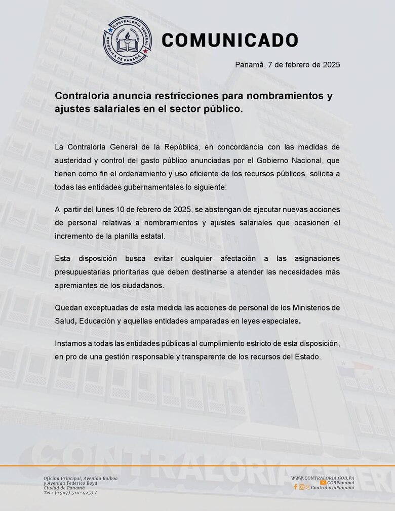 Contraloría pide suspender nombramientos y aumentos de salarios